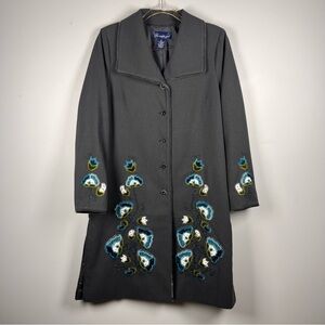 Susan Graver Gray Floral Beaded Asian Boho Long Trench Coat Small Cottagecore
